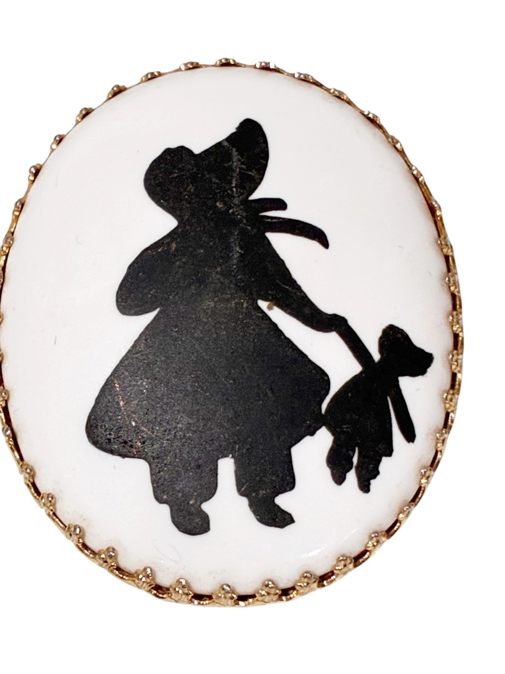 Vintage Silhouette Girl Teddy Bear White Gold Trim Pin Accessory